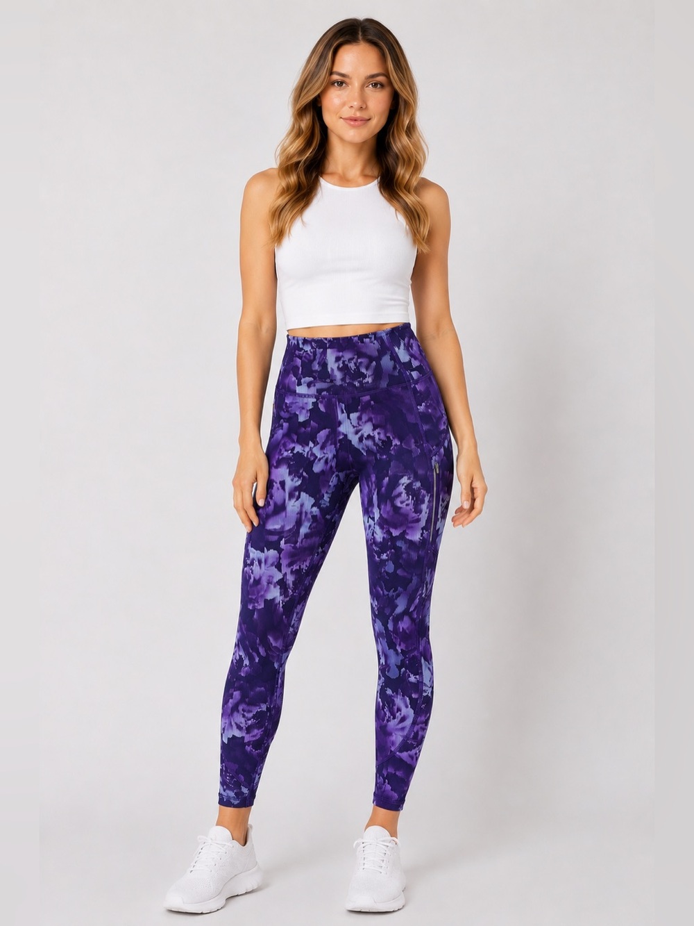 Athleta Small Rainier Printed Tight Leggings Purple Floral Zip Pocket Reflective